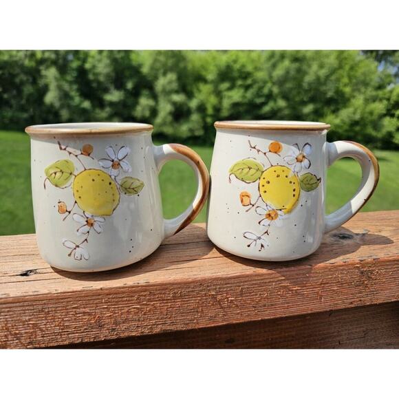 Vintage 2 NORLEANS Stoneware Speckled Mugs Hand Painted Yellow Flower Lemon 70s - Picture 1 of 6